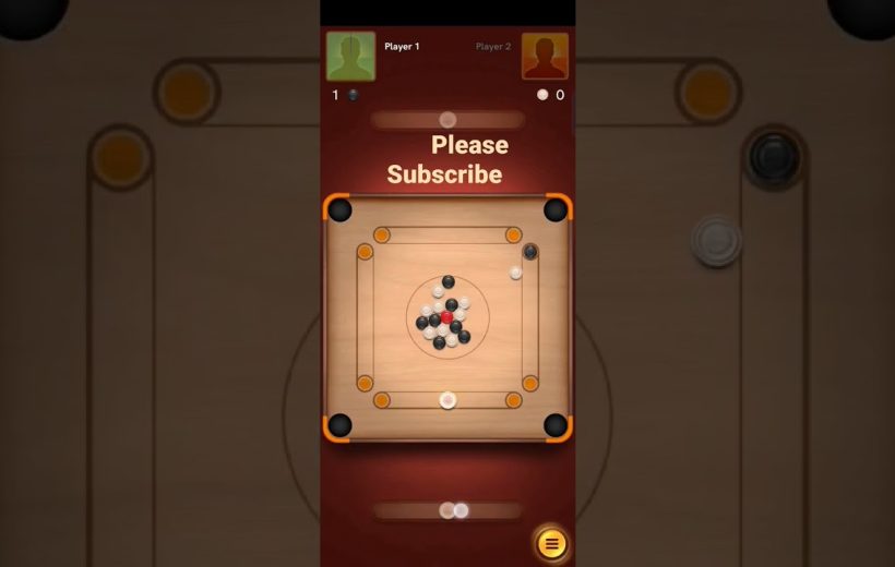 Mobile carrom game board with pieces clustered at center and "Please Subscribe" text above