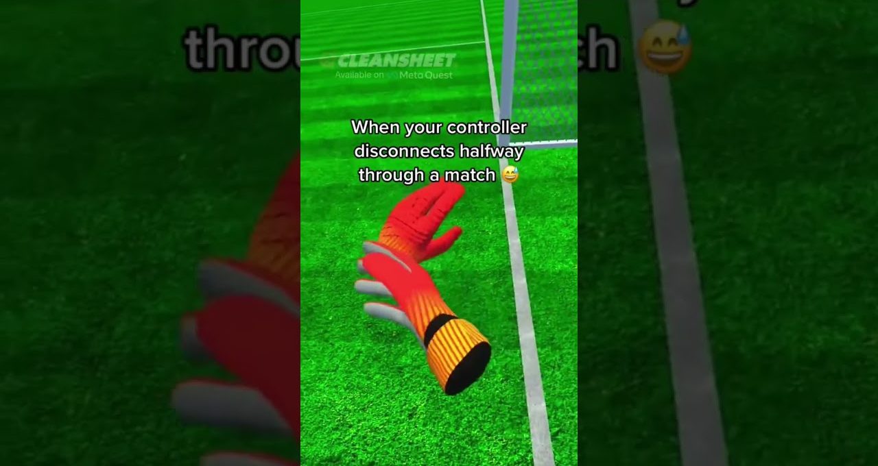 VR soccer goalkeeper glove floating over turf with caption about controller disconnecting midmatch