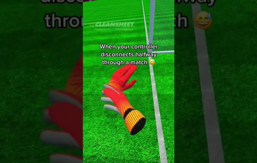 VR soccer goalkeeper glove floating over turf with caption about controller disconnecting midmatch
