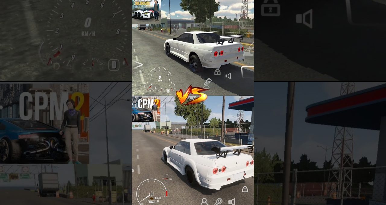 White sports coupe with large rear wing parked on suburban street in driving game