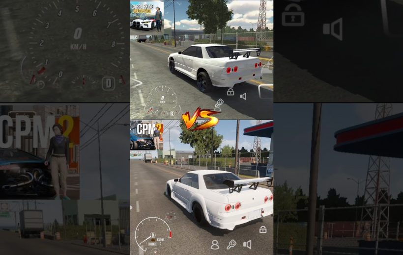 White sports coupe with large rear wing parked on suburban street in driving game