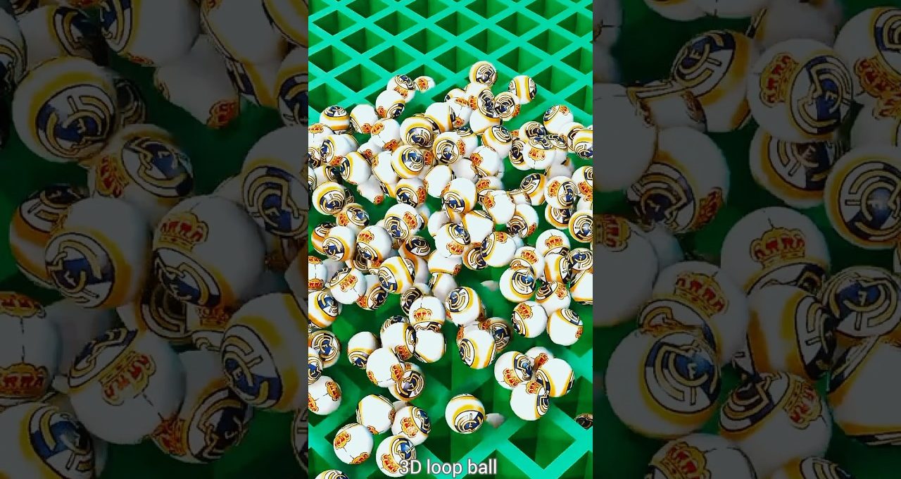Pile of small white balls with blue and gold circular logos on a green grid background