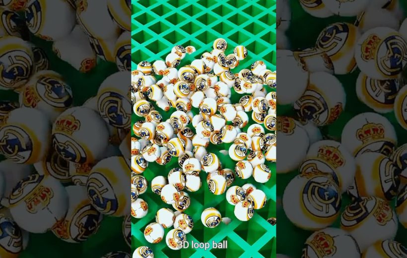 Pile of small white balls with blue and gold circular logos on a green grid background
