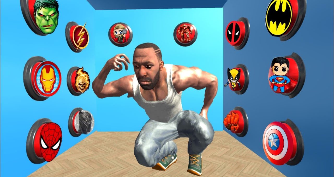 Crouching animated man in a room surrounded by floating superhero logo discs