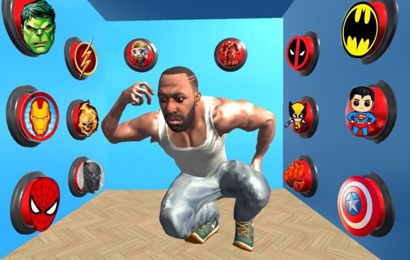 Crouching animated man in a room surrounded by floating superhero logo discs