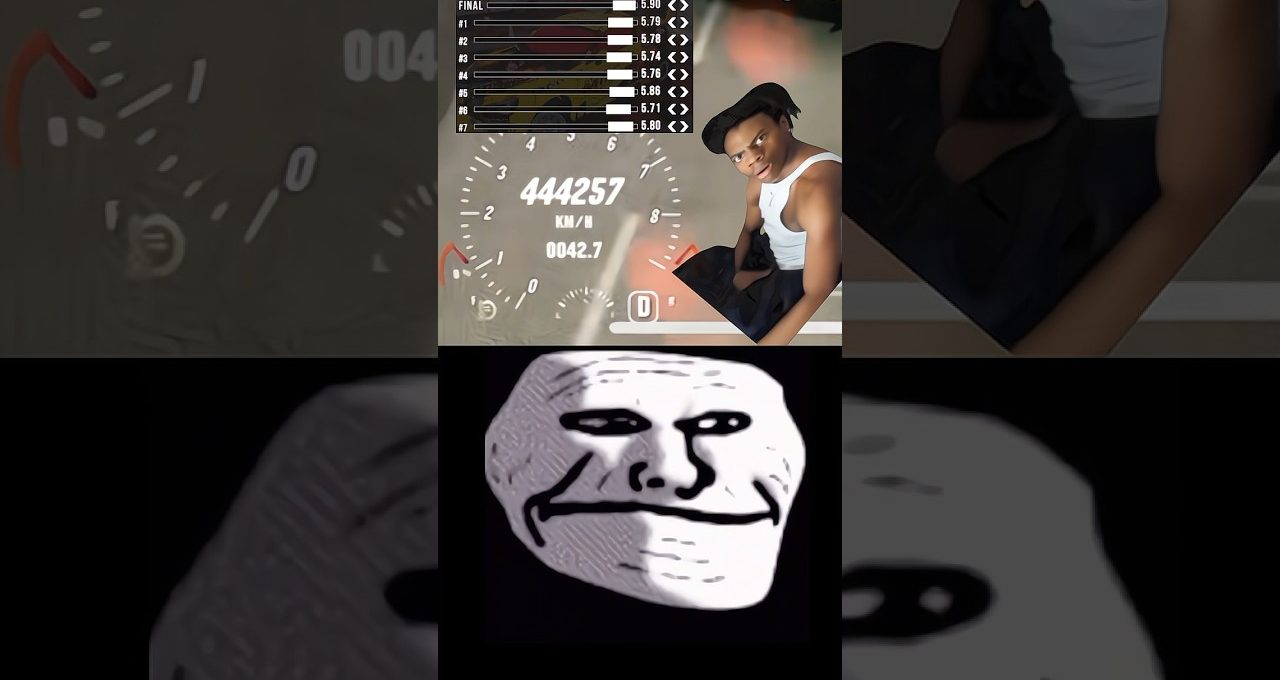 Split-screen collage showing a young man beside a speedometer and a black-and-white meme face
