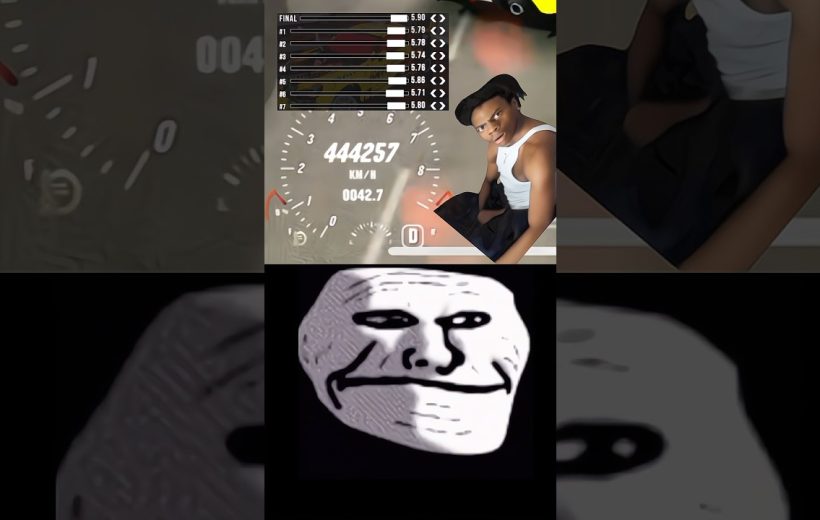 Split-screen collage showing a young man beside a speedometer and a black-and-white meme face