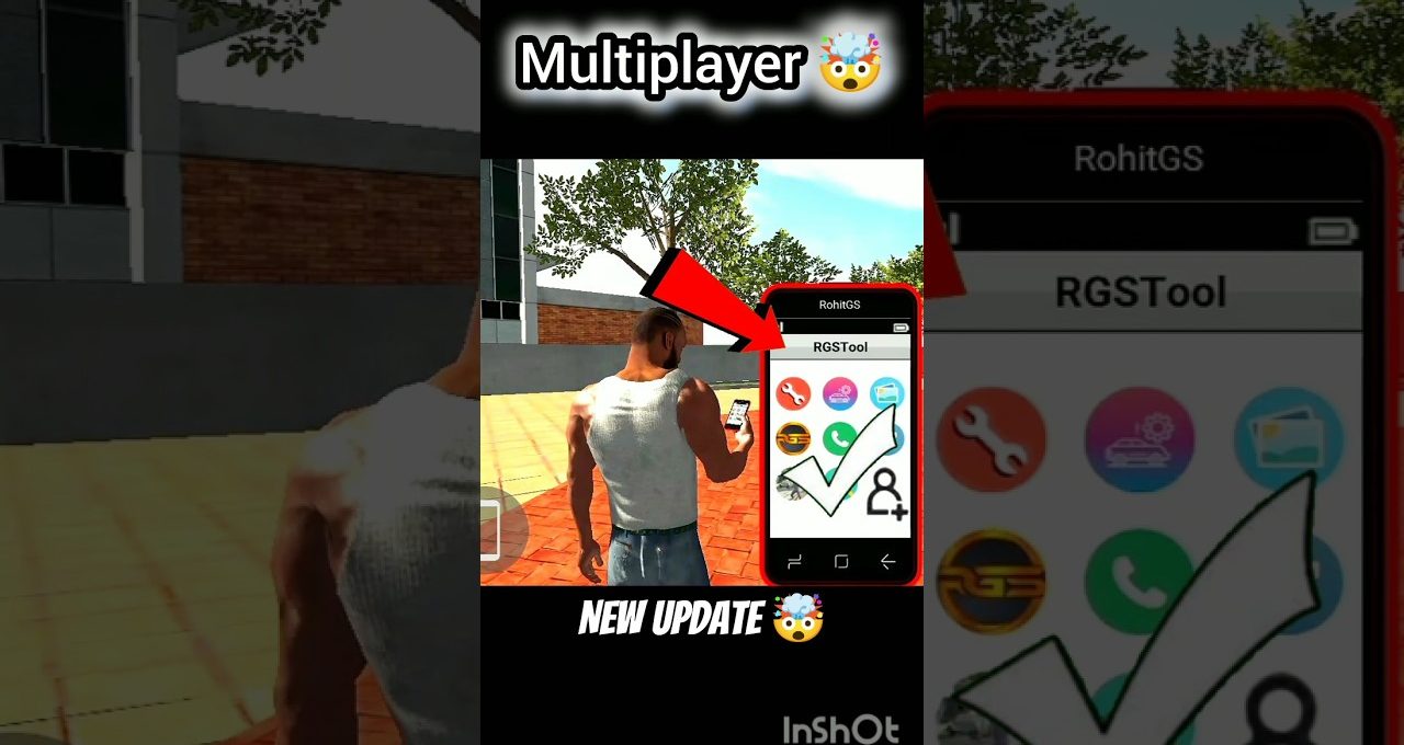 Game character holding a smartphone showing an app interface with update notification.