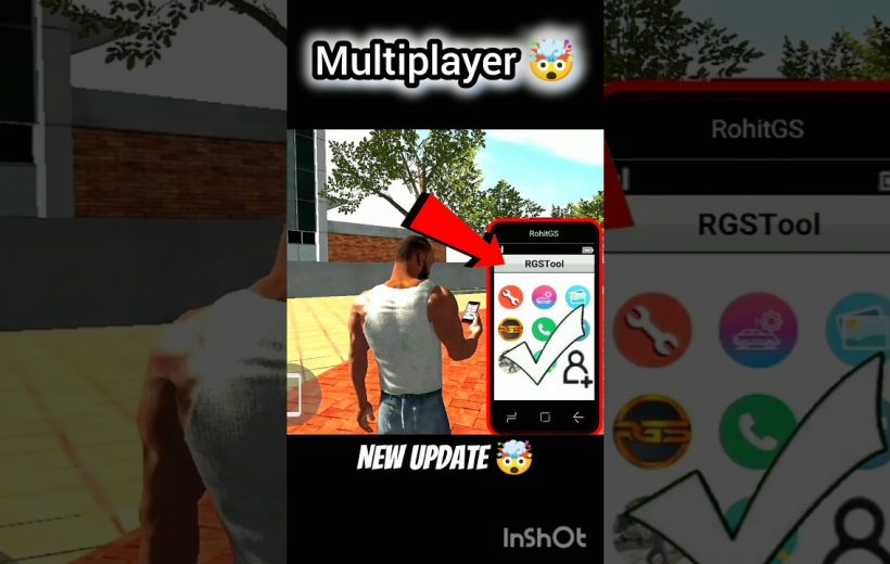 Game character holding a smartphone showing an app interface with update notification.