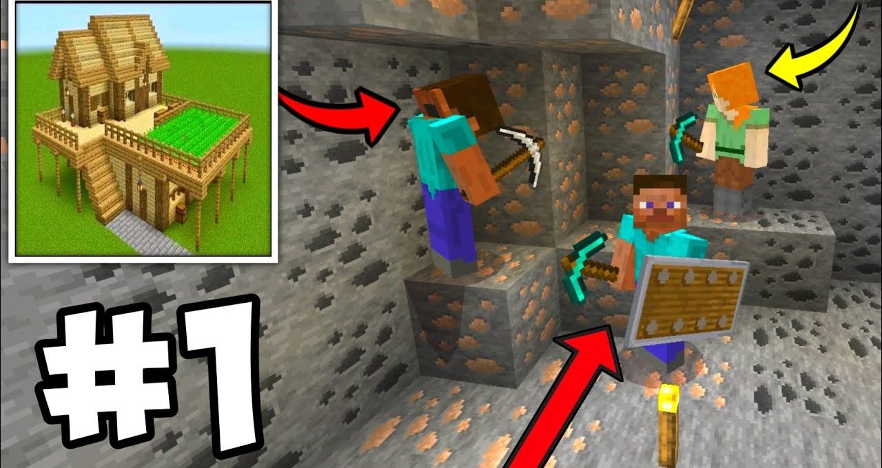 Minecraft characters mining ore in an underground cave with inset house thumbnail and arrows