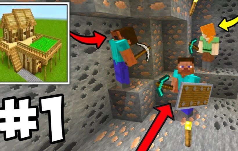 Minecraft characters mining ore in an underground cave with inset house thumbnail and arrows