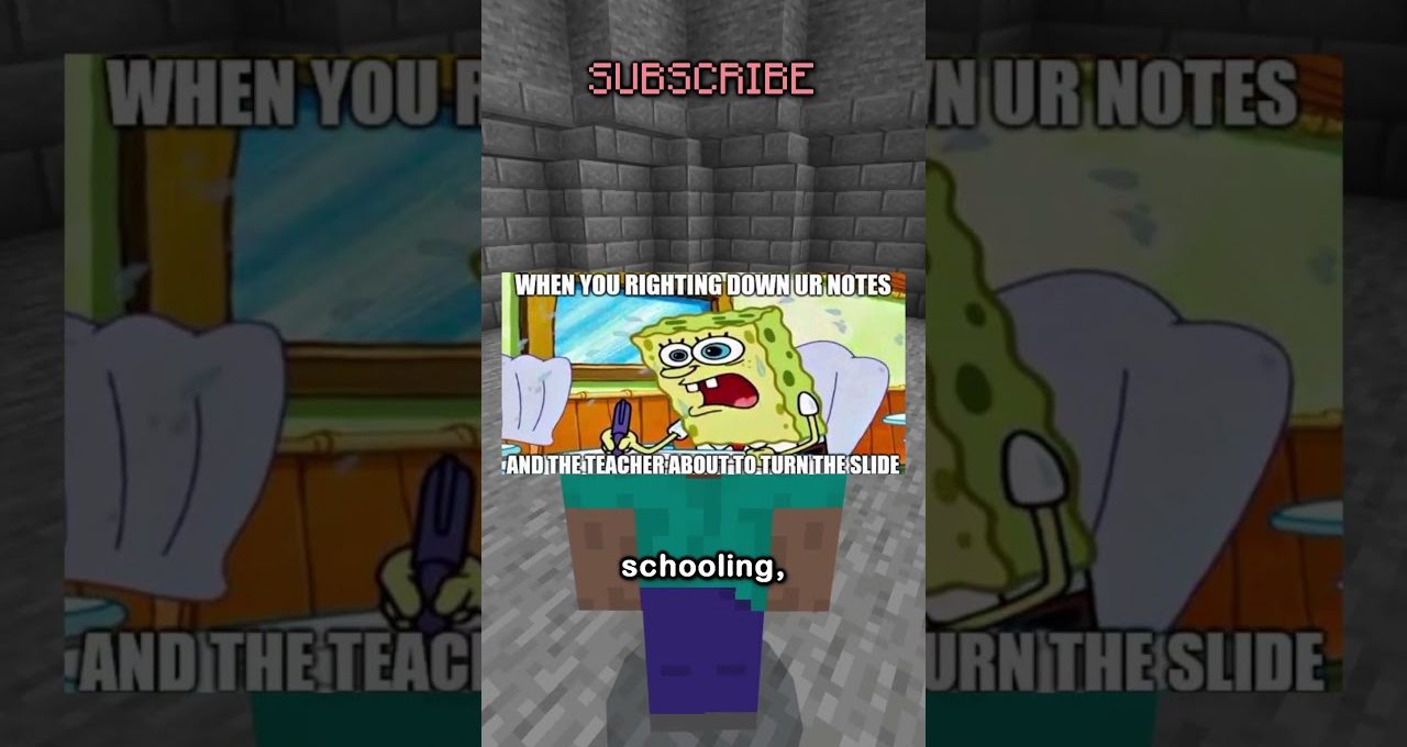 Minecraft character standing in stone room with SpongeBob meme about hurried note-taking and teacher turning slides