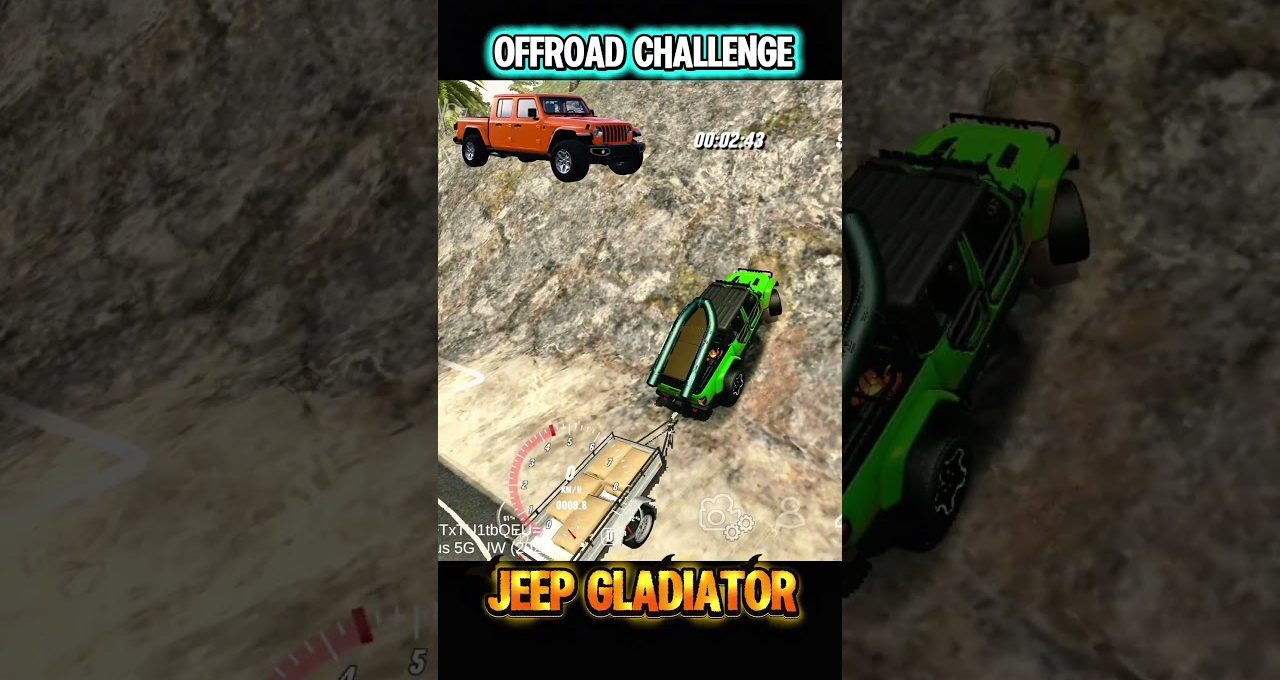 Green Jeep Gladiator towing trailer climbing rocky off-road slope in mobile game screenshot