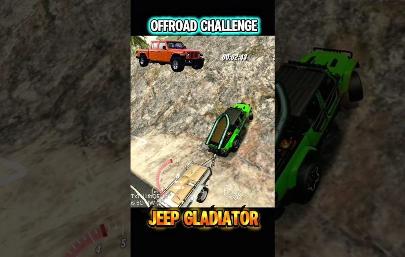 Green Jeep Gladiator towing trailer climbing rocky off-road slope in mobile game screenshot