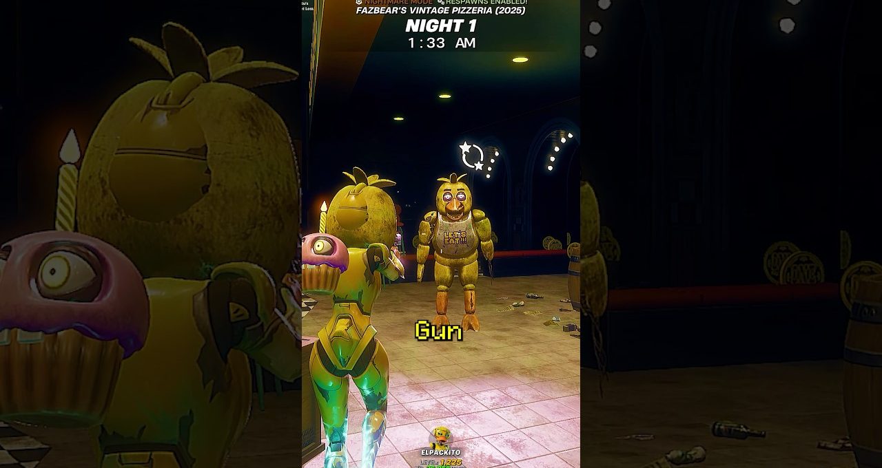 Animatronic chicken character standing in dim pizzeria arcade facing a player avatar.