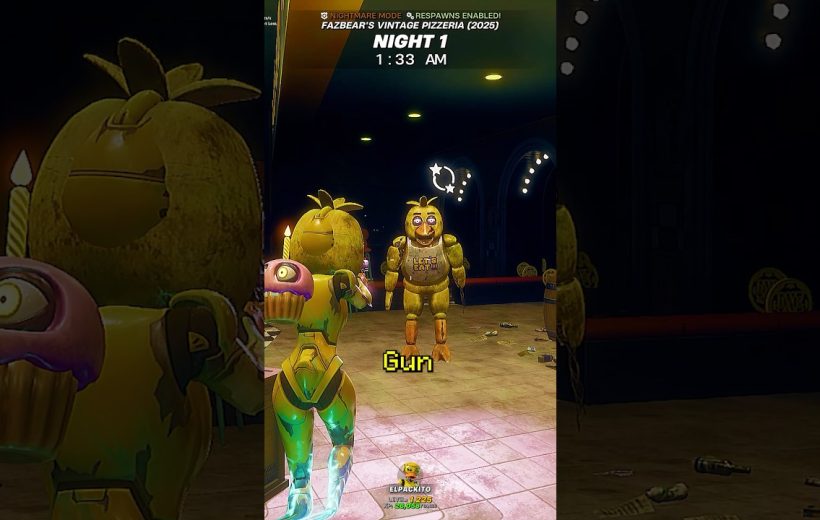 Animatronic chicken character standing in dim pizzeria arcade facing a player avatar.