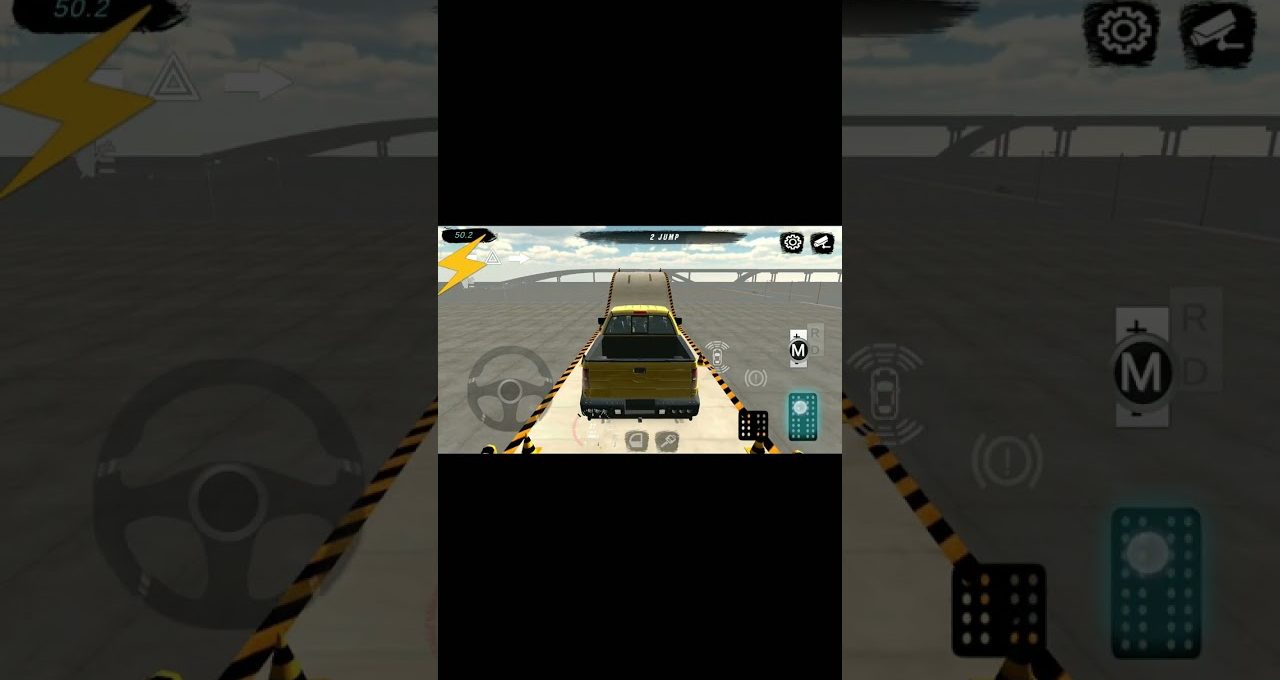 Yellow pickup truck driving on a narrow ramp in a mobile driving game interface
