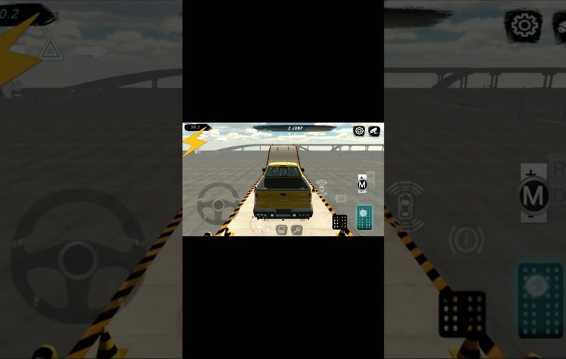 Yellow pickup truck driving on a narrow ramp in a mobile driving game interface