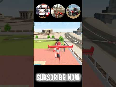 Red stunt plane perched on rooftop overlooking city street with "Subscribe Now" text