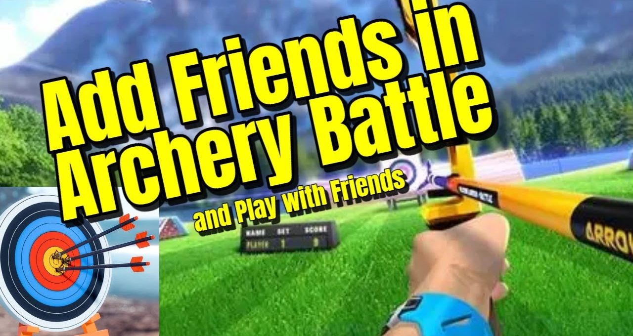 Person aiming a yellow bow at a distant target with bold text overlay