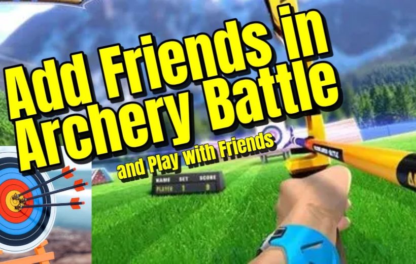 Person aiming a yellow bow at a distant target with bold text overlay