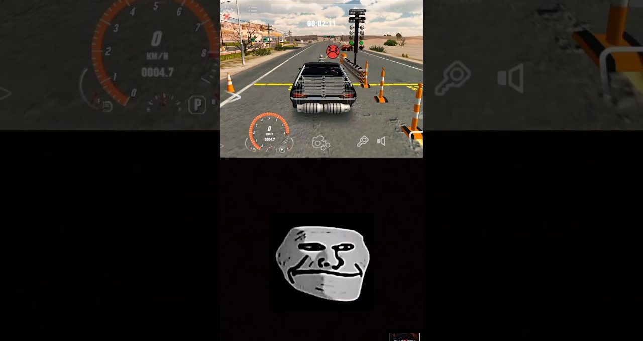 Rear view of a car at a roadblock in a racing game scene, dashboard visible