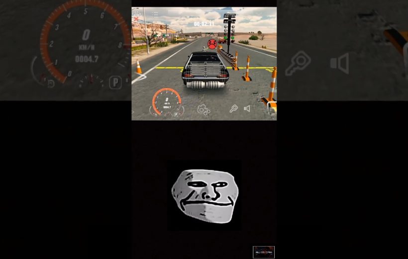 Rear view of a car at a roadblock in a racing game scene, dashboard visible