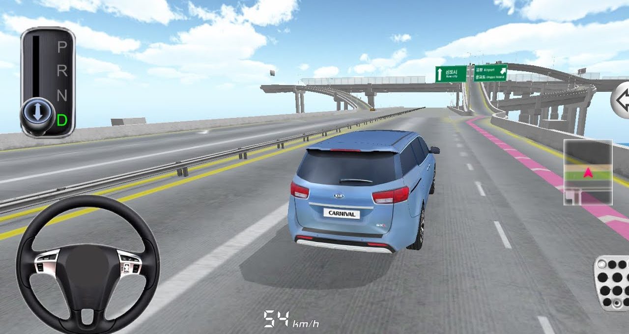 Blue SUV driving on elevated multi-lane highway in a driving simulator game view