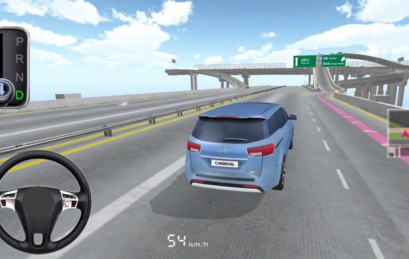 Blue SUV driving on elevated multi-lane highway in a driving simulator game view