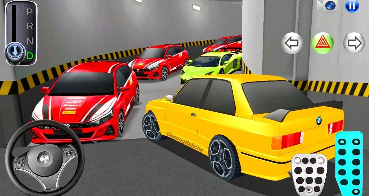 Yellow sports car navigating crowded underground garage with several red and green cars.