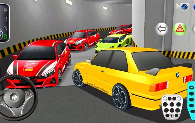 Yellow sports car navigating crowded underground garage with several red and green cars.