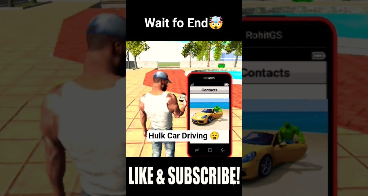 Man holding phone showing a game screen of Hulk climbing into a yellow sports car
