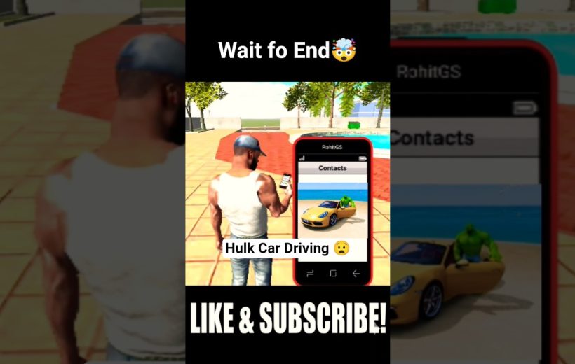 Man holding phone showing a game screen of Hulk climbing into a yellow sports car