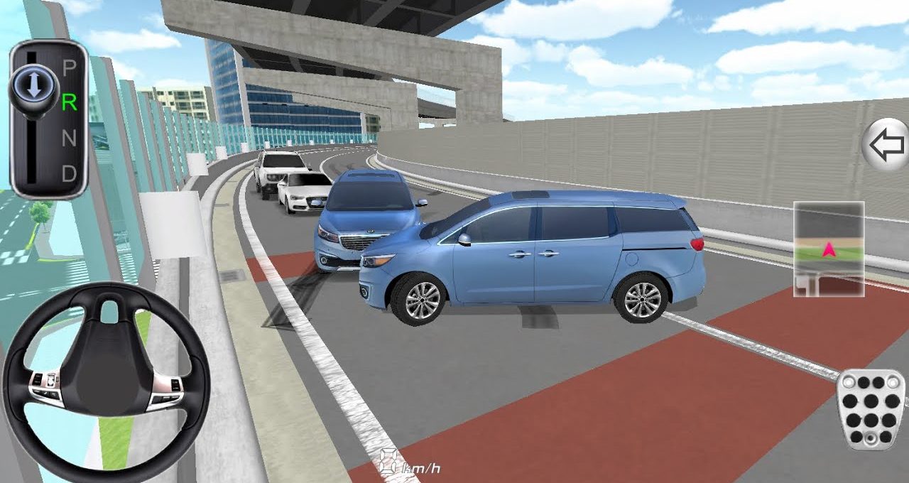 Blue minivan blocking multi-lane elevated highway while traffic backs up behind it