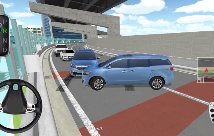 Blue minivan blocking multi-lane elevated highway while traffic backs up behind it
