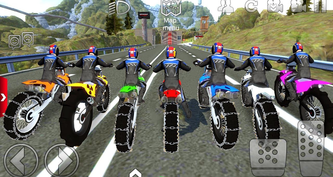 Seven motorcyclists racing on a mountain road in colorful dirt bikes.