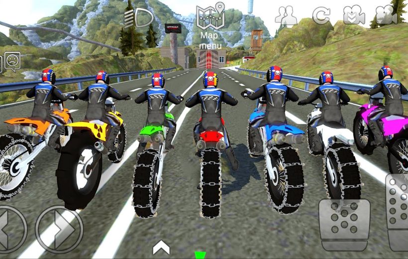 Seven motorcyclists racing on a mountain road in colorful dirt bikes.