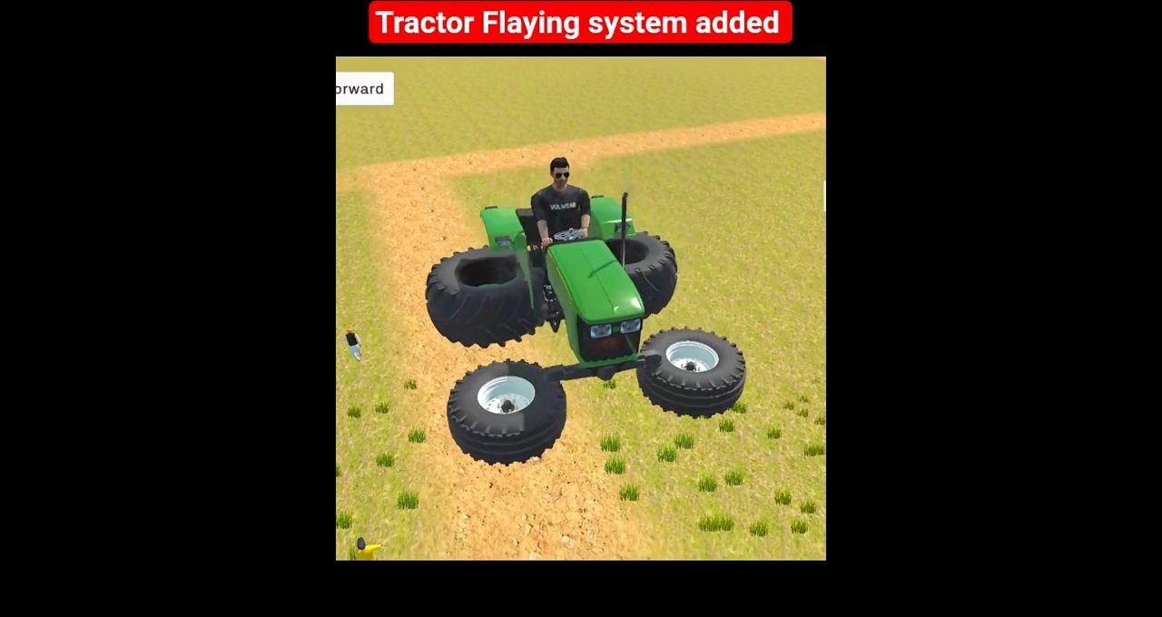 Green tractor with oversized wheels floating above a dirt path in a field, driver visible