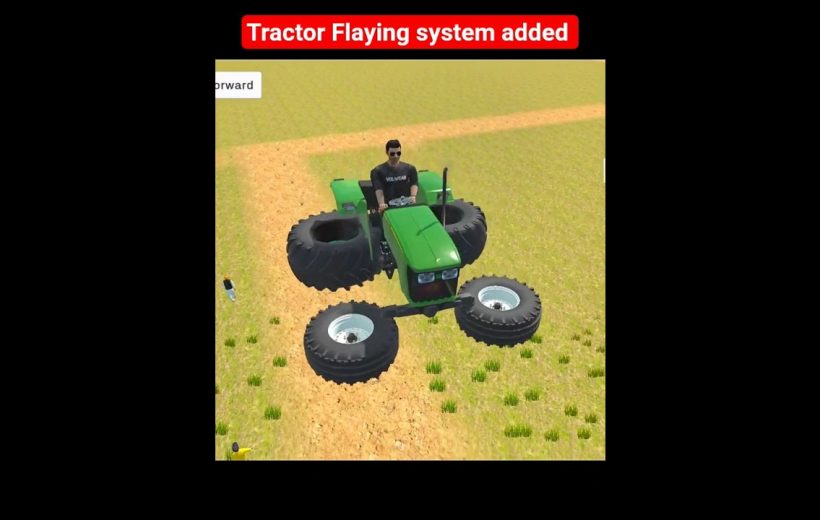 Green tractor with oversized wheels floating above a dirt path in a field, driver visible