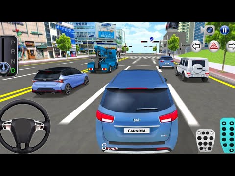 Blue crossover SUV driving through city intersection in a car-driving simulation game