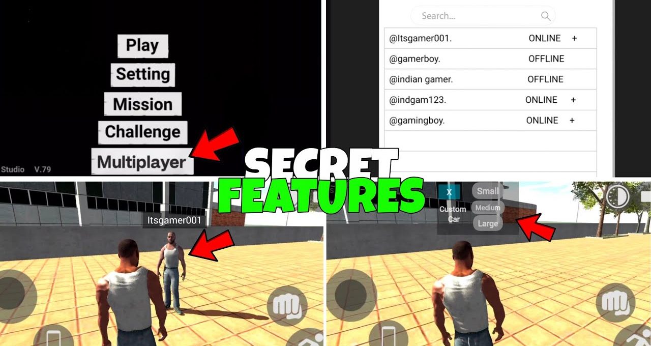 Game UI collage showing multiplayer menu, player avatars, friend list, and "Secret Features" text