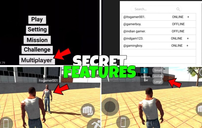 Game UI collage showing multiplayer menu, player avatars, friend list, and "Secret Features" text