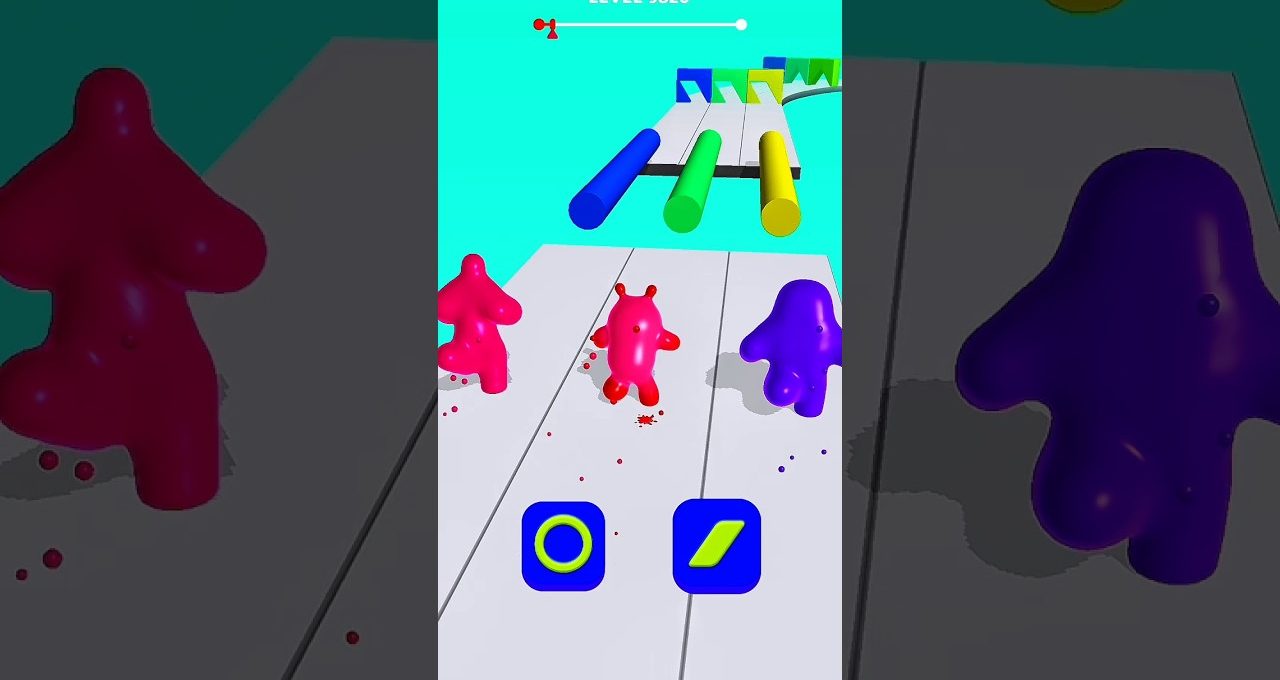 Three colorful blob characters racing down a platform with obstacles and controls