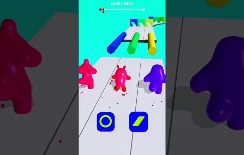 Three colorful blob characters racing down a platform with obstacles and controls