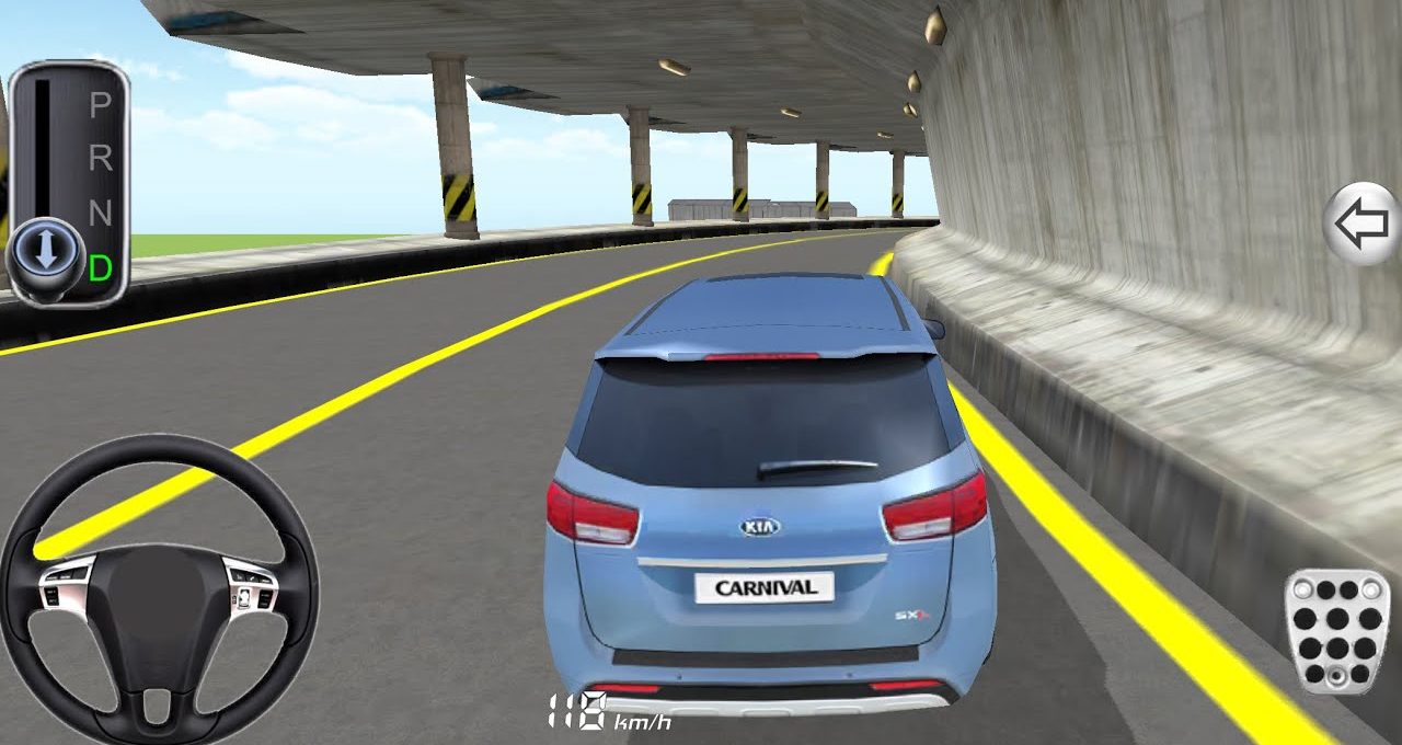 Blue Kia Carnival driving through a curved elevated tunnel in a driving game.