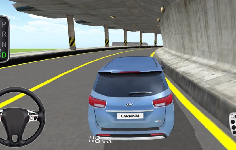 Blue Kia Carnival driving through a curved elevated tunnel in a driving game.