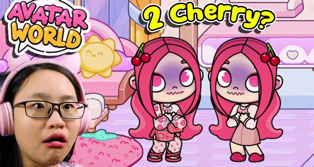 Young streamer reacting to two identical pink-haired Gacha characters with cherries hairclips