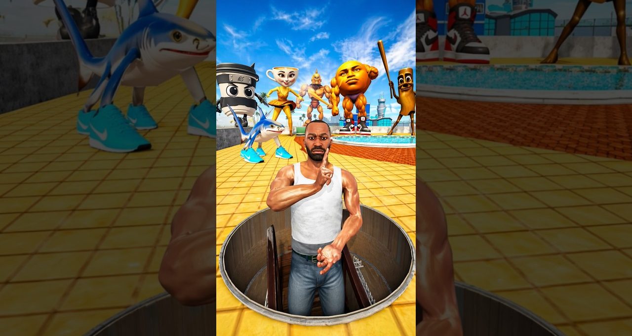Man emerging from manhole while cartoon characters and mascots stand behind him.