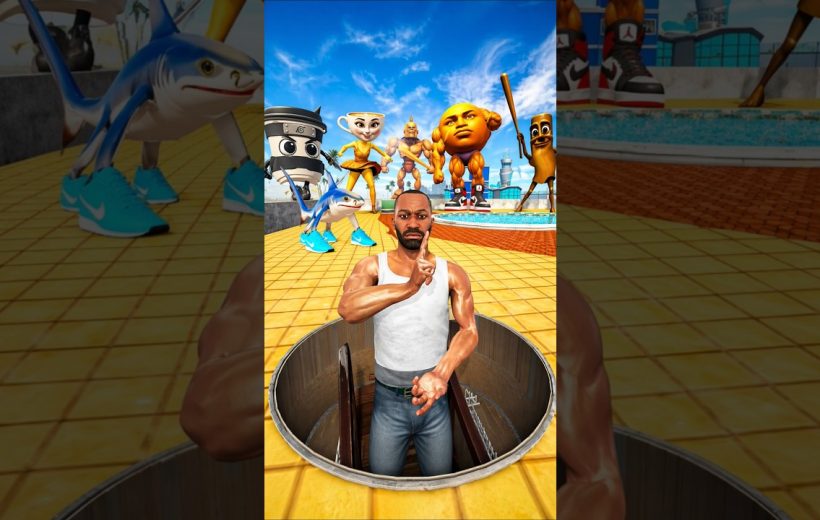 Man emerging from manhole while cartoon characters and mascots stand behind him.