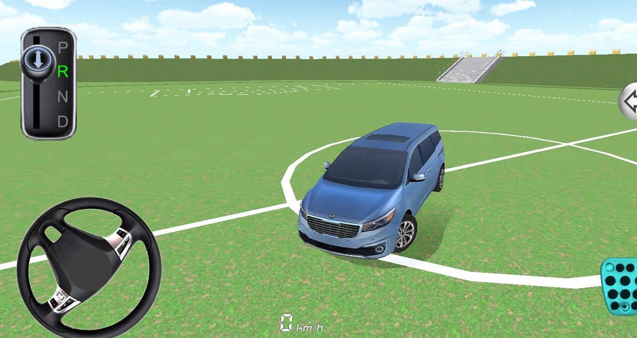Blue minivan parked on a grassy field with virtual driving controls visible